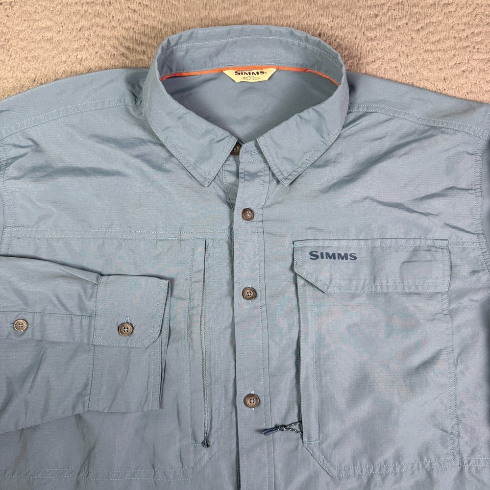 Simms Fishing Shirt Mens XL Blue Long Sleeve Vented Button Front Zippers